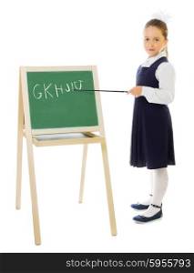 Little schoolgirl with blackboard isolated on white