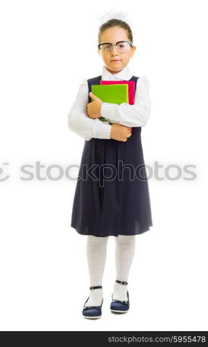 Little schoolgirl with books isolated