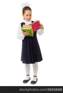 Little schoolgirl with books isolated