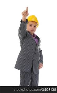 Little smiling builder in helmet. Isolated on a white background