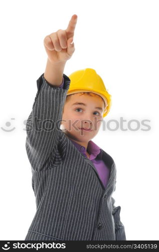 Little smiling builder in helmet. Isolated on a white background