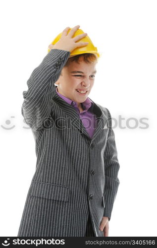 Little smiling builder in helmet. Isolated on a white background