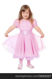 Little smiling girl in pink dress isolated