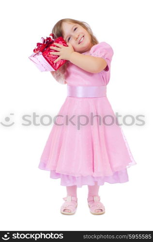 Little smiling girl with gift box isolated