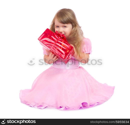 Little smiling girl with gift box isolated