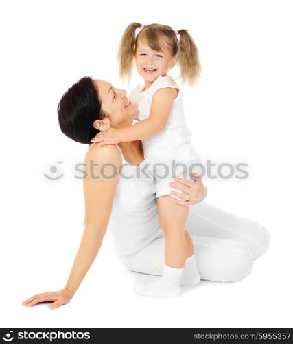 Little smiling girl with mother isolated