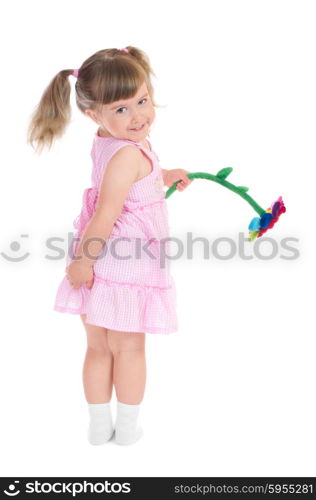 Little smiling girl with toy flower isolated