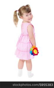 Little smiling girl with toy flower isolated