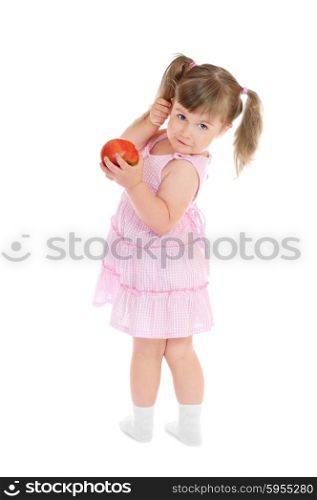Little standing girl with apple isolated