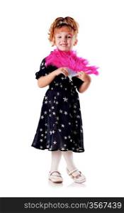 Little stands and smiles girl with fan in black dress with stars on white background