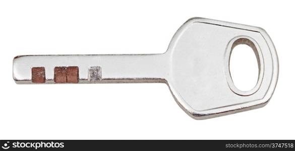 little steel door key for disc tumbler lock isolated on white background