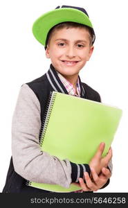 Little student holding books over white background