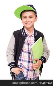 Little student holding books over white background