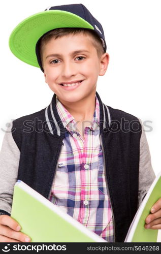 Little student holding books over white background