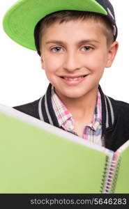 Little student holding books over white background