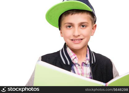 Little student holding books over white background