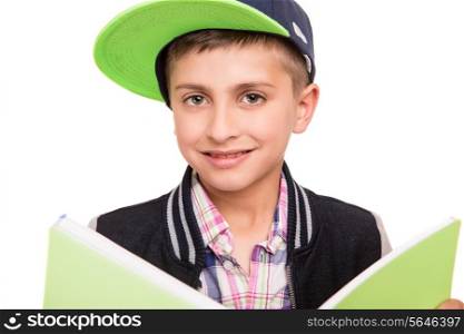 Little student holding books over white background