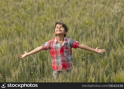 Little toddler standing in wheat field with arms out
