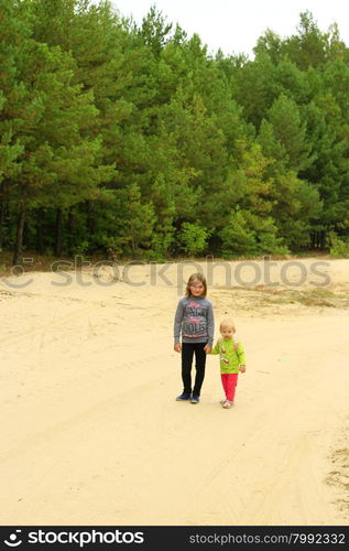 little travellers go on the forest road . little travellers sisters go on the forest road holding hands