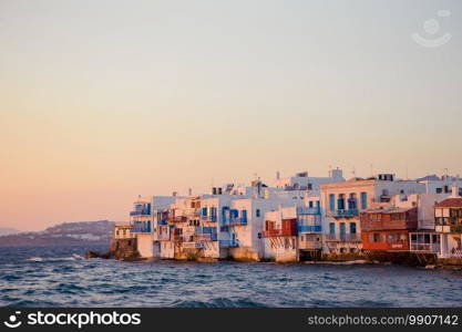 Little Venice the most popular area in Mykonos Island in soft evening light on Greece, Cyclades. Little Venice the most popular sight in Mykonos Island