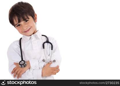 Little young boy doctor over isolated white background