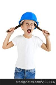Little young girl yelling and wearing a protection helmet, isolated on white background