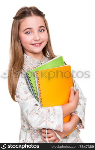 Little young student holding notebook over white background