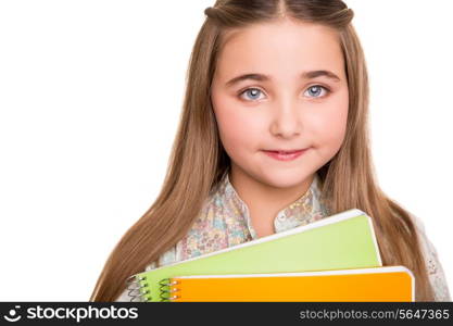 Little young student holding notebook over white background