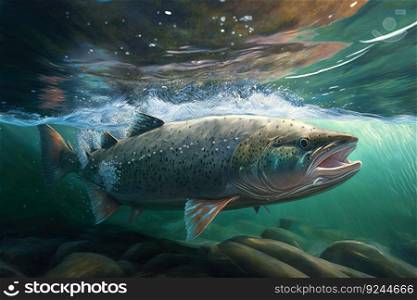 Live trout in the natural environment, in the sea background of waves and stones. AI generated. Natural nature illustration.. Live trout in the natural environment, in the sea background of waves and stones. AI generated.