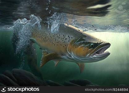Live trout in the natural environment, in the sea background of waves and stones. AI generated. Natural nature illustration.. Live trout in the natural environment, in the sea background of waves and stones. AI generated.
