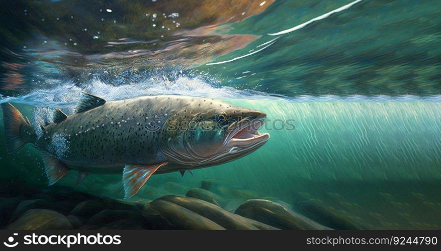 Live trout in the natural environment, in the sea background of waves and stones. AI generated. Natural nature illustration. Header banner mockup with space.. Live trout in the natural environment, in the sea background of waves and stones. AI generated.