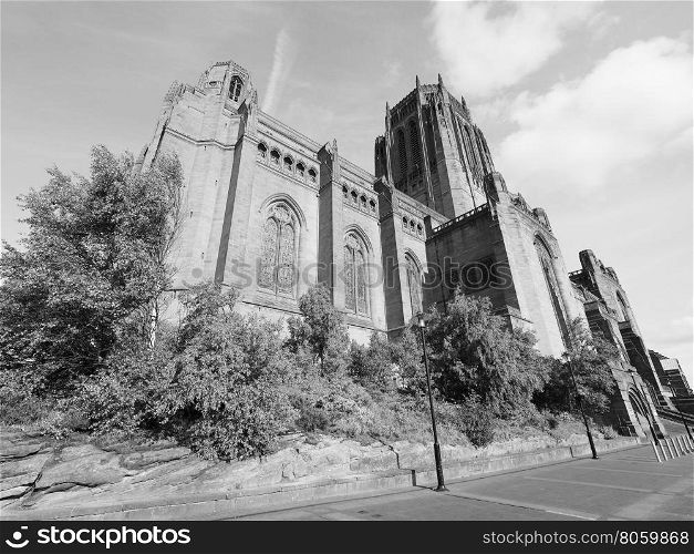 Liverpool Cathedral in Liverpool. Liverpool Cathedral aka Cathedral Church of Christ or Cathedral Church of the Risen Christ on St James Mount in Liverpool, UK in black and white