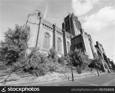Liverpool Cathedral in Liverpool. Liverpool Cathedral aka Cathedral Church of Christ or Cathedral Church of the Risen Christ on St James Mount in Liverpool, UK in black and white