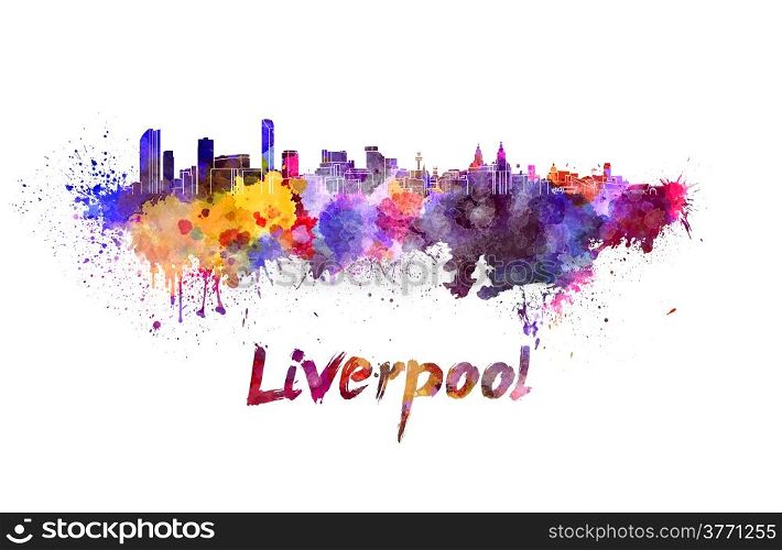Liverpool skyline in watercolor splatters with clipping path. Liverpool skyline in watercolor