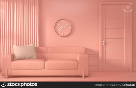 Living coral room inetrior with Sofa and decoration color living coral style.3D rendering