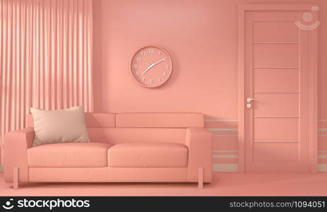 Living coral room inetrior with Sofa and decoration color living coral style.3D rendering