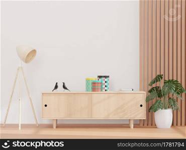 Living room and white wall, and wooden sideboard, minimal style ,mock up and copy space wall - 3d rendering -