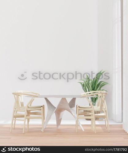 Living room and white wall,big window, table set, minimal style ,mock up and copy space wall - 3d rendering -