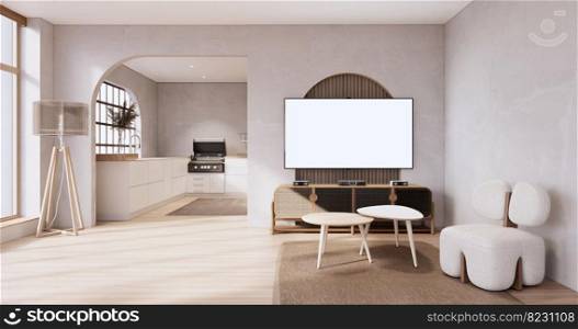 Living room, cabinet Tv and sofa armchair minimalist design muji style.