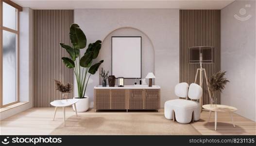 Living room, cabinet Tv and sofa armchair minimalist design muji style.