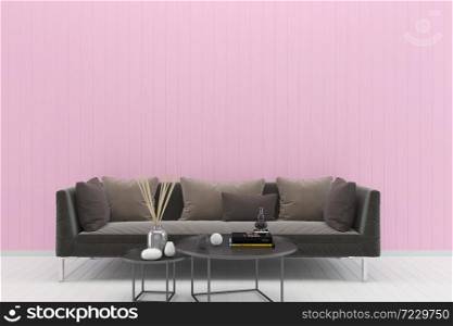 Living room concept interior. 3d render sofa table lamp background wood floor wooden pink wall template design texture