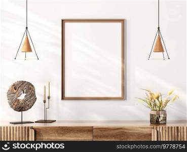 Living room decoration. Brown mock up poster frame on white wall above the shelf or dresser. Home decor with interior accessories. Interior background with pendant lights. 3d rendering