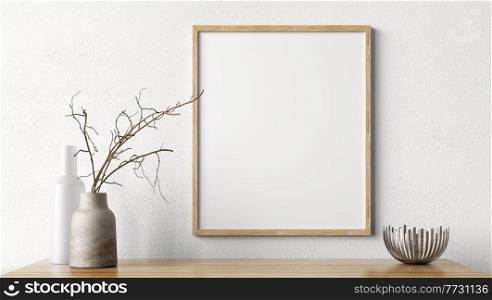Living room decoration. Wooden mock up poster frame on white wall above the shelf. Home decor with vases. Interior background 3d rendering