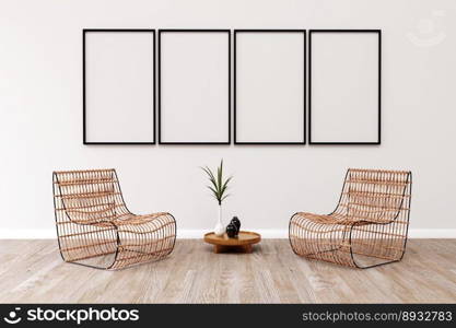 Living room design with empty frame mockup, two rattan chairs on white wall. 3d illustration