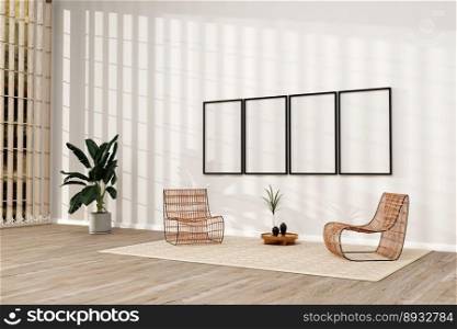 Living room design with empty frames mockup, two rattan chairs on white wall. 3d illustration