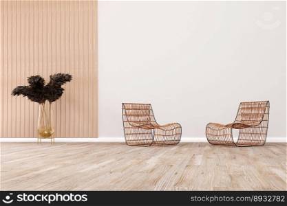 Living room design with empty wall, two rattan chairs on white wall. 3d illustration