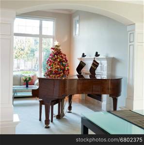 Living room entrance with grand piano, decorated Christmas tree and large daylight window in background