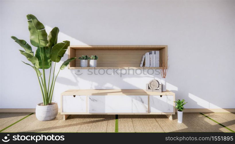 living room granite white wall background with decoration japan style design and shelf wall. 3d rendering