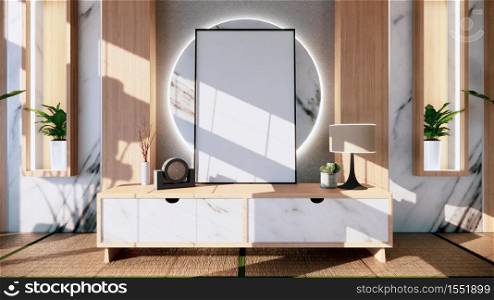 living room granite white wall background with decoration japan style design and shelf wall. 3d rendering