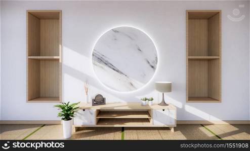 living room granite white wall background with decoration japan style design and shelf wall. 3d rendering